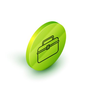 İzometrik çizgi Beyaz arka plan üzerinde izole wobbler ve dişli balıkçılık ekipmanları simgesi için case veya kutu konteyner. Olta takımı. Yeşil daire düğmesi. Vektör İllüstrasyonu