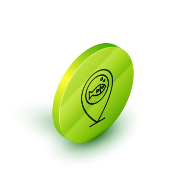 İzometrik çizgi Beyaz arka planda izole edilmiş konum balıkçılık simgesi. Balıkçı yeri. Yeşil daire düğmesi. Vektör İllüstrasyonu