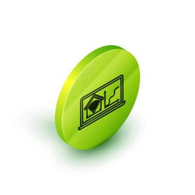 Beyaz arka plan üzerinde izole wi-fi simgesi ile akıllı ev ile izometrik hat Laptop. Uzaktan kumanda. Yeşil daire düğmesi. Vektör İllüstrasyonu
