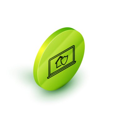 Beyaz arka plan üzerinde izole koruma simgesi altında ev ile İzometrik hat Laptop. Koruma, güvenlik, güvenlik, koruma, savunma konsepti. Yeşil daire düğmesi. Vektör İllüstrasyonu