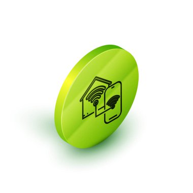 İzometrik hat Beyaz arka plan üzerinde izole wi-fi simgesi ile Akıllı ev. Uzaktan kumanda. Yeşil daire düğmesi. Vektör İllüstrasyonu