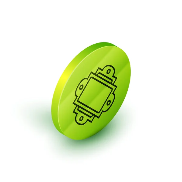 Línea isométrica Icono de ticket aislado sobre fondo blanco. Parque de atracciones. Botón círculo verde. Ilustración vectorial — Vector de stock