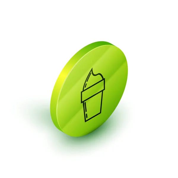 Isométrica línea Helado en cono de gofre icono aislado sobre fondo blanco. Dulce símbolo. Botón círculo verde. Ilustración vectorial — Vector de stock