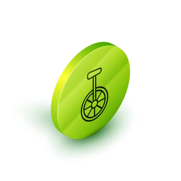 Isometric line Unicycle or one wheel bicycle icon isolated on white background. Monowheel bicycle. Green circle button. Vector Illustration — Stock Vector