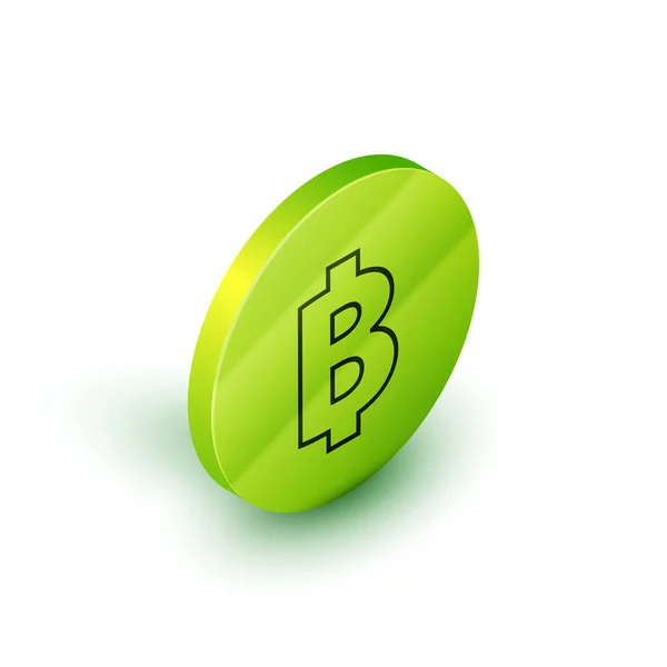 Isométrique ligne Crypto-monnaie pièce icône Bitcoin isolé sur fond blanc. Pièce de monnaie physique. Blockchain basé crypto-monnaie sécurisée. Bouton rond vert. Illustration vectorielle — Image vectorielle