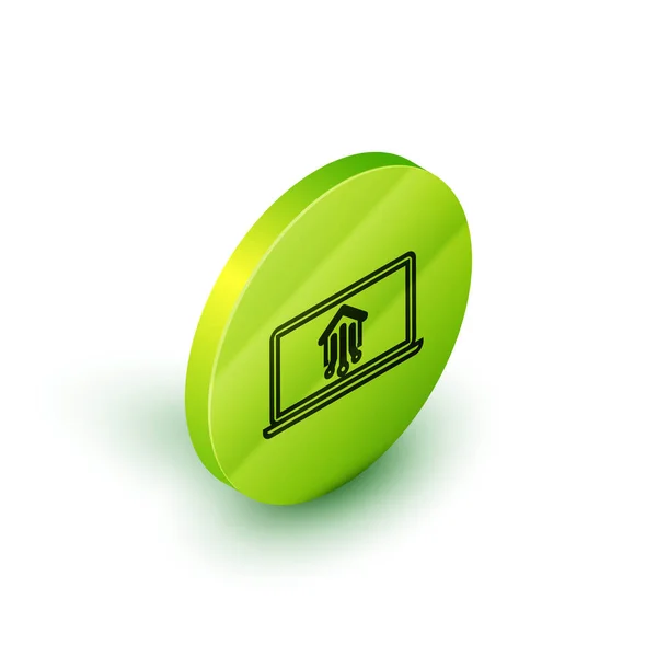 Isometric ligne ordinateur portable avec icône maison intelligente isolé sur fond blanc. Télécommande. Bouton rond vert. Illustration vectorielle — Image vectorielle