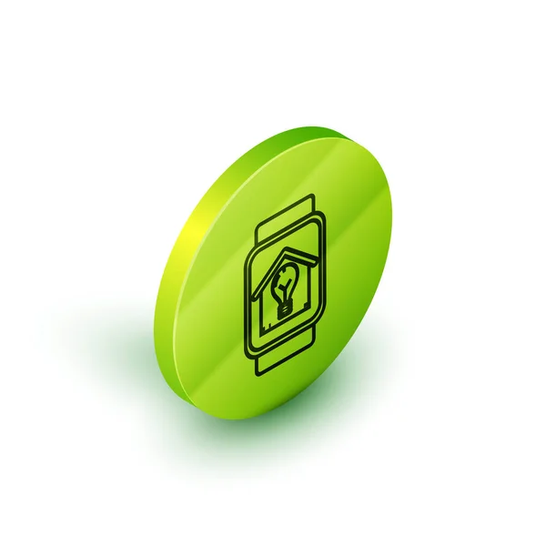 Línea isométrica Reloj inteligente con casa inteligente y bombilla icono aislado sobre fondo blanco. Botón círculo verde. Ilustración vectorial — Vector de stock