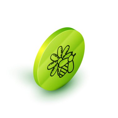 İzometrik çizgi Arı ve çiçek simgesi beyaz arka plan üzerinde izole. Tatlı doğal yemekler. Bal arısı veya kanat sembolü ile apis. Uçan böcek. Yeşil daire düğmesi. Vektör İllüstrasyonu