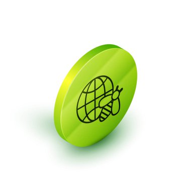 İzometrik çizgi Dünya petek haritası ve beyaz arka plan üzerinde izole arı simgesi. Dünya arı günü. Kavram ekolojik olay. Yeşil daire düğmesi. Vektör İllüstrasyonu