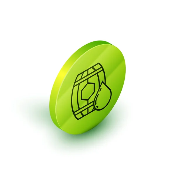 Ισομετρική γραμμή ξύλινος βαρέλι με εικονίδιο μελιού απομονώνεται σε λευκό φόντο. Κουμπί πράσινου κύκλου. Απεικόνιση διανυσματικών φορέων — Διανυσματικό Αρχείο