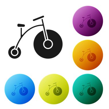 Bir büyük tekerlek ve beyaz arka plan üzerinde izole küçük bir simge ile Siyah Vintage bisiklet. Bisiklet toplu taşıma işareti. Simgeleri renkli daire düğmeleri ayarlayın. Vektör İllüstrasyonu