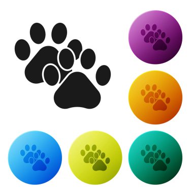 Siyah Paw baskı simgesi beyaz arka planda izole. Köpek veya kedi pençe baskı. Hayvan parkuru. Simgeler renkli daire düğmelerini ayarlayın. Vektör Illustration
