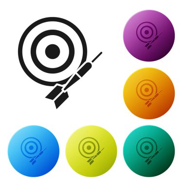 Siyah Klasik dart tahtası ve ok simgesi beyaz arka plan üzerinde izole. Dart tahtası işareti. Oyun konsepti. Simgeleri renkli daire düğmeleri ayarlayın. Vektör İllüstrasyonu