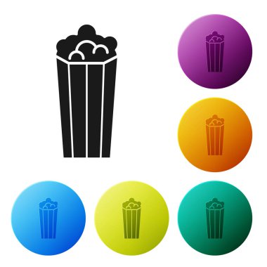 Siyah Popcorn karton kutu simgesi beyaz arka planda izole. Patlamış mısır kutusu. Simgeler renkli daire düğmelerini ayarlayın. Vektör Illustration