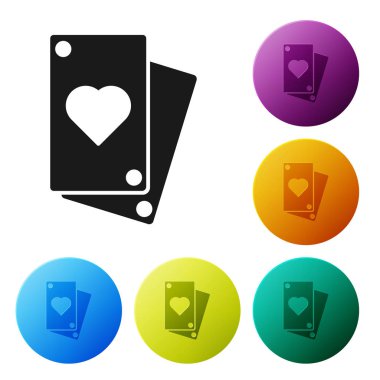 Siyah Oynatma kartı simgesi beyaz arka planda yalıtılmış. Simgeleri renkli daire düğmeleri ayarlayın. Vektör İllüstrasyonu