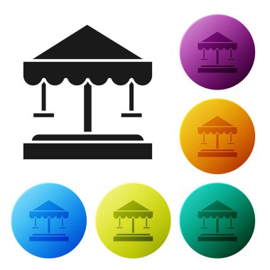 Siyah Attraction atlıkarınca simgesi beyaz arka plan üzerinde izole. Lunapark. Çocuk eğlence oyun alanı, eğlence parkı. Simgeleri renkli daire düğmeleri ayarlayın. Vektör İllüstrasyonu