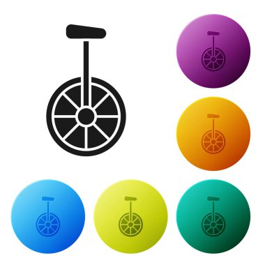 Siyah Unicycle veya beyaz arka plan üzerinde izole edilmiş bir tekerlekli bisiklet simgesi. Tek tekerlekli bisiklet. Simgeleri renkli daire düğmeleri ayarlayın. Vektör İllüstrasyonu