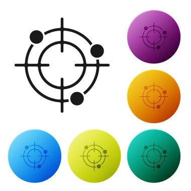 Siyah Hedef spor çekim rekabet simgesi beyaz arka plan üzerinde izole için. Atış poligonu veya tabanca atışı için numaralarla hedefi temizleyin. Simgeleri renkli daire düğmeleri ayarlayın. Vektör İllüstrasyonu