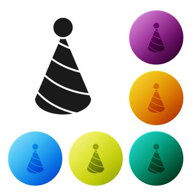 Siyah Parti şapka simgesi beyaz arka planda izole. Doğum günü şapkası. Simgeleri renkli daire düğmeleri ayarlayın. Vektör İllüstrasyonu
