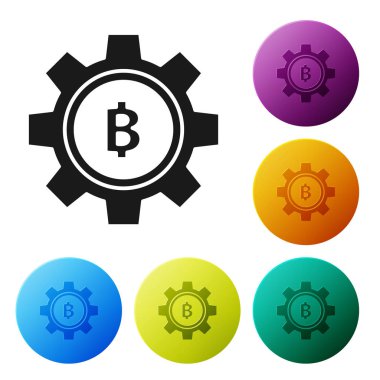 Siyah Cryptocurrency sikke Bitcoin simgesi beyaz arka plan üzerinde izole. Dişli ve Bitcoin ayarı. Blockchain tabanlı güvenli kripto para birimi. Simgeleri renkli daire düğmeleri ayarlayın. Vektör İllüstrasyonu