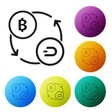 Siyah Cryptocurrency döviz simgesi beyaz arka planda yalıtılmış. Bitcoin'den Dash'e döviz simgesi. Kripto para teknolojisi, mobil bankacılık. Simgeleri renkli daire düğmeleri ayarlayın. Vektör İllüstrasyonu