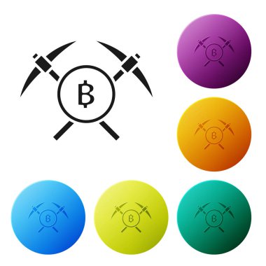 Siyah Çapraz kazma simgesi beyaz arka plan üzerinde izole. Blockchain teknolojisi, kripto para madenciliği, bitcoin, altcoins, dijital para piyasası. Simgeleri renkli daire düğmeleri ayarlayın. Vektör İllüstrasyonu