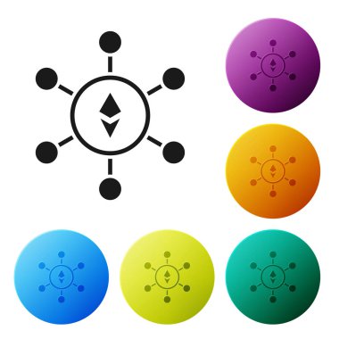 Siyah Blockchain teknolojisi Ethereum Eth simgesi beyaz arka plan üzerinde izole. Soyut geometrik blok zincir ağ teknolojisi iş. Simgeleri renkli daire düğmeleri ayarlayın. Vektör İllüstrasyonu