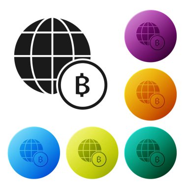 Siyah Küre ve kripto para sikke Bitcoin simgesi beyaz arka plan üzerinde izole. Fiziksel biraz para. Blockchain tabanlı güvenli kripto para birimi. Simgeleri renkli daire düğmeleri ayarlayın. Vektör İllüstrasyonu