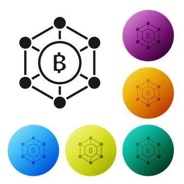Siyah Blockchain teknolojisi Bitcoin simgesi beyaz arka plan üzerinde izole. Soyut geometrik blok zincir ağ teknolojisi iş. Simgeleri renkli daire düğmeleri ayarlayın. Vektör İllüstrasyonu
