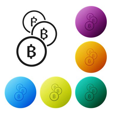 Siyah Cryptocurrency sikke Bitcoin simgesi beyaz arka plan üzerinde izole. Fiziksel biraz para. Blockchain tabanlı güvenli kripto para birimi. Simgeleri renkli daire düğmeleri ayarlayın. Vektör İllüstrasyonu