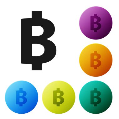 Siyah Cryptocurrency sikke Bitcoin simgesi beyaz arka plan üzerinde izole. Fiziksel biraz para. Blockchain tabanlı güvenli kripto para birimi. Simgeleri renkli daire düğmeleri ayarlayın. Vektör İllüstrasyonu