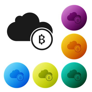 Beyaz arka planda yalıtılmış Siyah Cryptocurrency bulut madenciliği simgesi. Blockchain teknolojisi, bitcoin, dijital para piyasası, kripto para cüzdanı. Simgeleri renkli daire düğmeleri ayarlayın. Vektör İllüstrasyonu