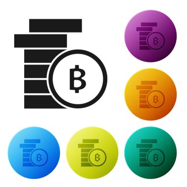 Siyah Cryptocurrency sikke Bitcoin simgesi beyaz arka plan üzerinde izole. Fiziksel biraz para. Blockchain tabanlı güvenli kripto para birimi. Simgeleri renkli daire düğmeleri ayarlayın. Vektör İllüstrasyonu