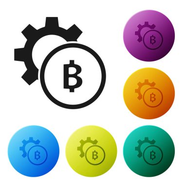 Siyah Cryptocurrency sikke Bitcoin simgesi beyaz arka plan üzerinde izole. Dişli ve Bitcoin ayarı. Blockchain tabanlı güvenli kripto para birimi. Simgeleri renkli daire düğmeleri ayarlayın. Vektör İllüstrasyonu