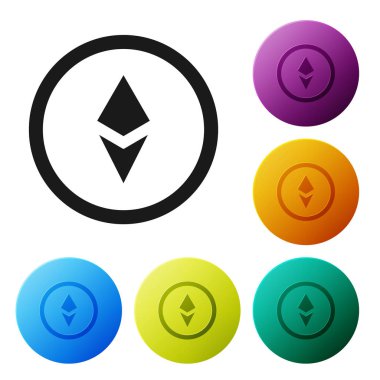 Siyah Cryptocurrency sikke Ethereum Eth simgesi beyaz arka plan üzerinde izole. Altcoin sembolü. Blockchain tabanlı güvenli kripto para birimi. Simgeleri renkli daire düğmeleri ayarlayın. Vektör İllüstrasyonu