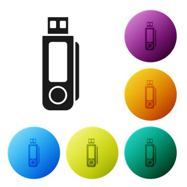 Siyah USB flash sürücü simgesi beyaz arka planda yalıtılmış. Simgeler renkli daire düğmelerini ayarlayın. Vektör Illustration