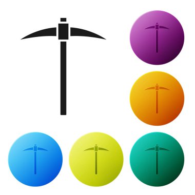 Siyah Kazma simgesi beyaz arka planda yalıtılmış. Blockchain teknolojisi, kripto para madenciliği, bitcoin, dijital para piyasası, kripto para cüzdanı. Simgeleri renkli daire düğmeleri ayarlayın. Vektör İllüstrasyonu