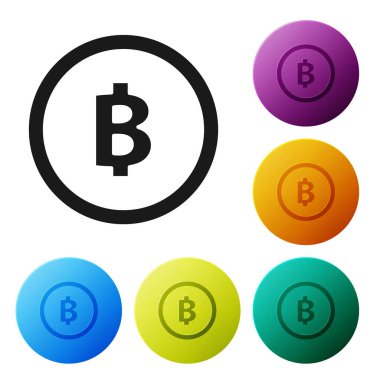 Siyah Cryptocurrency sikke Bitcoin simgesi beyaz arka plan üzerinde izole. Fiziksel biraz para. Blockchain tabanlı güvenli kripto para birimi. Simgeleri renkli daire düğmeleri ayarlayın. Vektör İllüstrasyonu