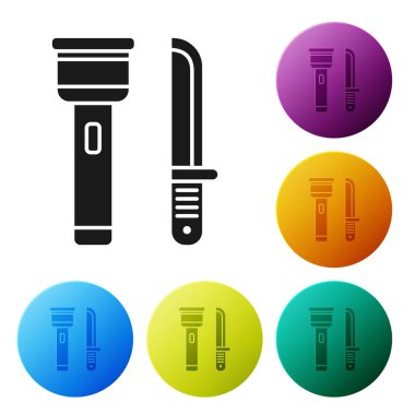 Siyah El Feneri ve bıçak simgesi beyaz arka plan üzerinde izole. Simgeleri renkli daire düğmeleri ayarlayın. Vektör İllüstrasyonu