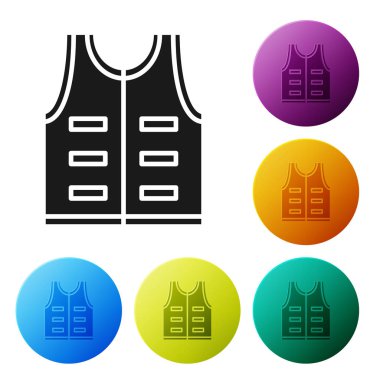 Siyah Avcılık ceket simgesi beyaz arka plan üzerinde izole. Av yeleği. Simgeleri renkli daire düğmeleri ayarlayın. Vektör İllüstrasyonu