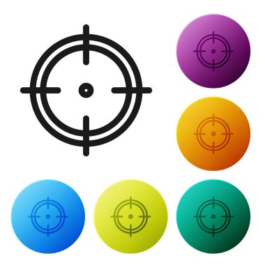 Siyah Hedef spor çekim rekabet simgesi beyaz arka plan üzerinde izole için. Atış mesafesi veya atış için numaralarla hedefi temizleyin. Simgeleri renkli daire düğmeleri ayarlayın. Vektör İllüstrasyonu