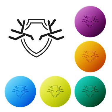 Beyaz arka planda izole kalkan simgesi üzerinde Siyah Geyik boynuzları. Duvarda av ganimeti. Simgeleri renkli daire düğmeleri ayarlayın. Vektör İllüstrasyonu