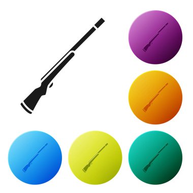 Siyah Avcılık silah simgesi beyaz arka plan üzerinde izole. Av tüfeği. Simgeleri renkli daire düğmeleri ayarlayın. Vektör İllüstrasyonu