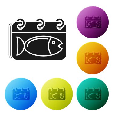 Beyaz arka planda izole edilmiş bir balık simgesine sahip Siyah Takvim. Balık günü. Simgeleri renkli daire düğmeleri ayarlayın. Vektör İllüstrasyonu