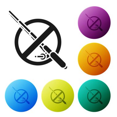 Siyah Beyaz arka planda izole edilmiş balıkçılık simgesi yok. Yasaklama işareti. Simgeleri renkli daire düğmeleri ayarlayın. Vektör İllüstrasyonu