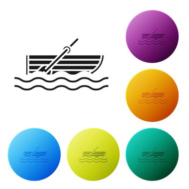 Beyaz arka plan üzerinde izole su simgesi üzerinde kürek ile Siyah Balıkçı tekne. Simgeleri renkli daire düğmeleri ayarlayın. Vektör İllüstrasyonu