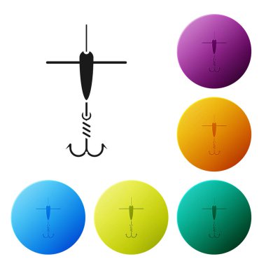 Siyah Olta kancası ve beyaz arka planda izole edilmiş float simgesi. Olta takımı. Simgeleri renkli daire düğmeleri ayarlayın. Vektör İllüstrasyonu