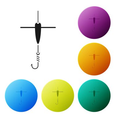 Siyah Olta kancası ve beyaz arka planda izole edilmiş float simgesi. Olta takımı. Simgeleri renkli daire düğmeleri ayarlayın. Vektör İllüstrasyonu