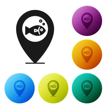 Siyah Konum balıkçılık simgesi beyaz arka planda yalıtılmış. Balıkçı yeri. Simgeleri renkli daire düğmeleri ayarlayın. Vektör İllüstrasyonu