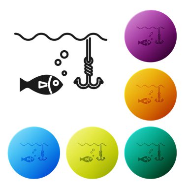 Beyaz arka plan üzerinde izole balık simgesi ile su altında Siyah Balıkçılık kanca. Olta takımı. Simgeleri renkli daire düğmeleri ayarlayın. Vektör İllüstrasyonu